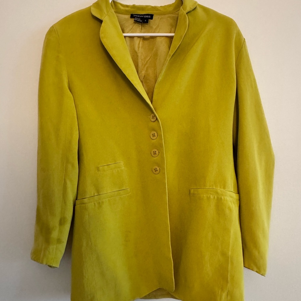 Vintage 100% Silk Chartreuse Blazer with stains and shoulder pads